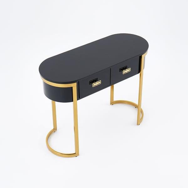 Luxurious Oval Console Table with Black Glass Top and 2 Drawers – Modern Design