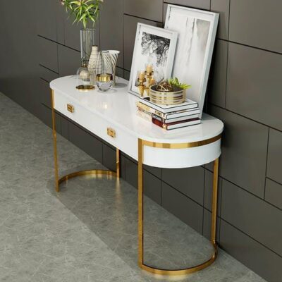 Luxurious Oval Console Table with Clear Glass Top and 2 Drawers – Modern Design (White)
