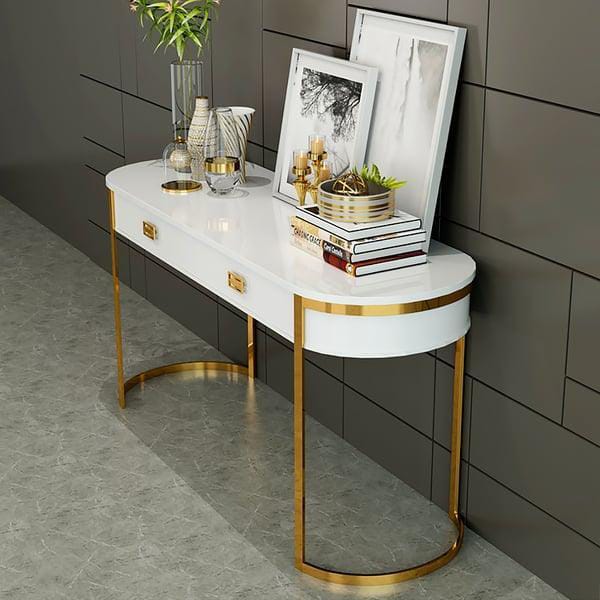 Luxurious Oval Console Table with Clear Glass Top and 2 Drawers – Modern Design (White)