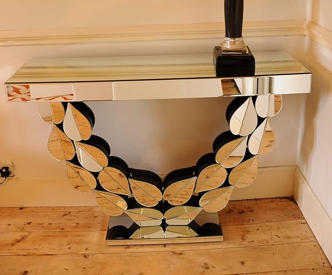 Silver Leaf Designed Mirrored Glass Console Table
